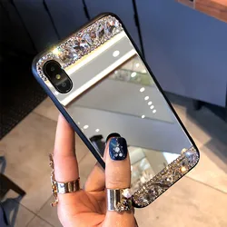 Luxury Bling Rhinestone diamond Soft phone case For iPhone 13 14 11 12 Pro MAX For iPhone 16 15 Pro Max XR  Mirror cover