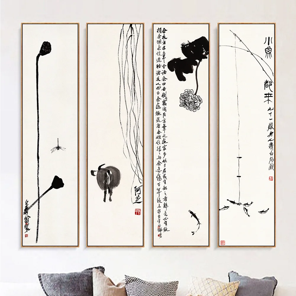 

Chinese style canvas painting ink art combination decorative painting Chinese painter Qi Baishi large-scale vertical art mural