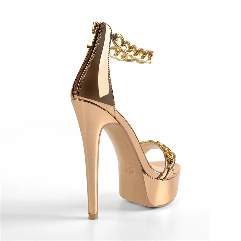 OnlymakerWomen Platform Sandals Gold Patent Leather Metal Chain Stiletto High Heel Shoe Zipper Big Size Elegant Summer Heels