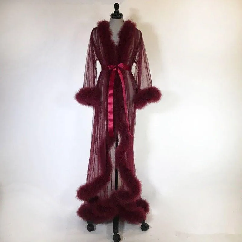 Sexy Women Fur Sleepwear Faux Lady Women Bathrobe Sheer Nightgown Black Burgundy Robe Prom Bridesmaid Shawel