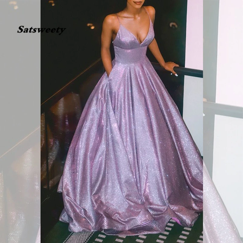 Sparkly Lavender Prom Dresses Sexy V-neck Formal Dresses For Party Spaghetti Strap Lace Up Back Prom Gowns With Pockets