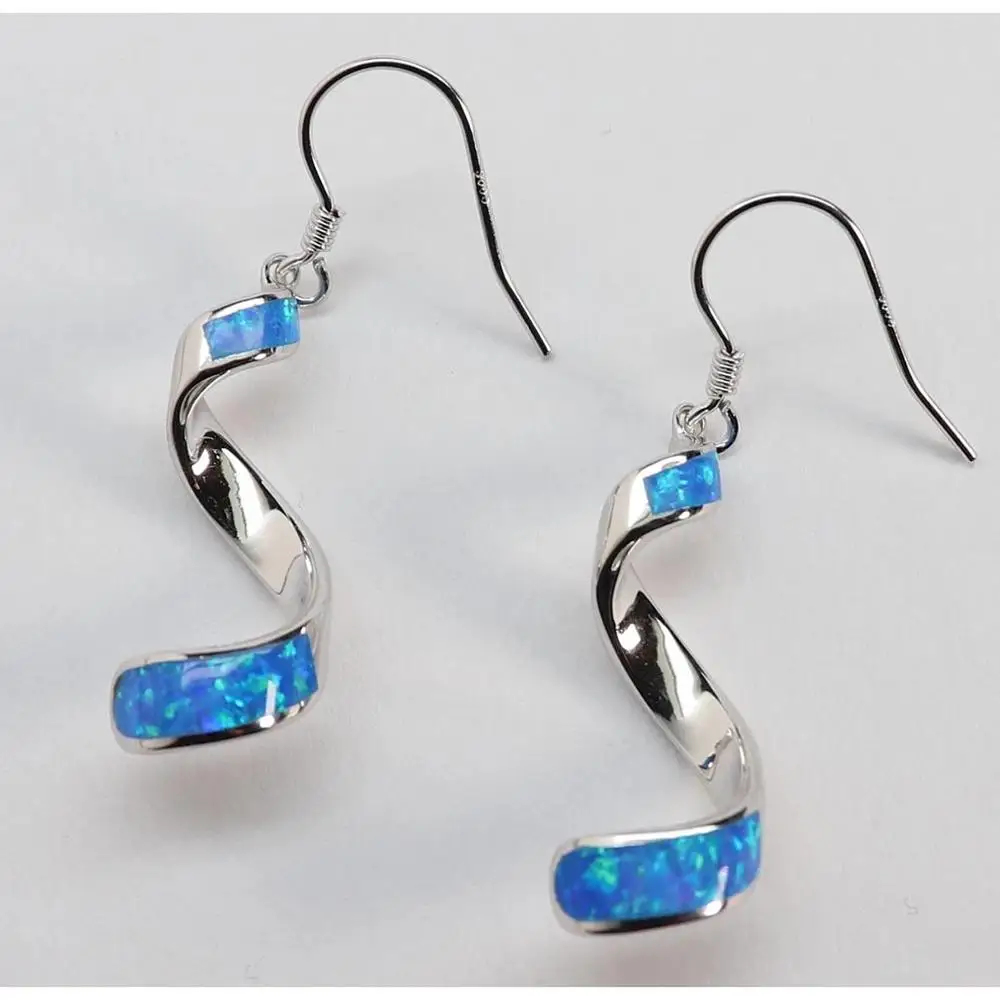 Real 925 Sterling Silver Blue Fire Opal Wave Drop Earrings for Women Party Jewlry