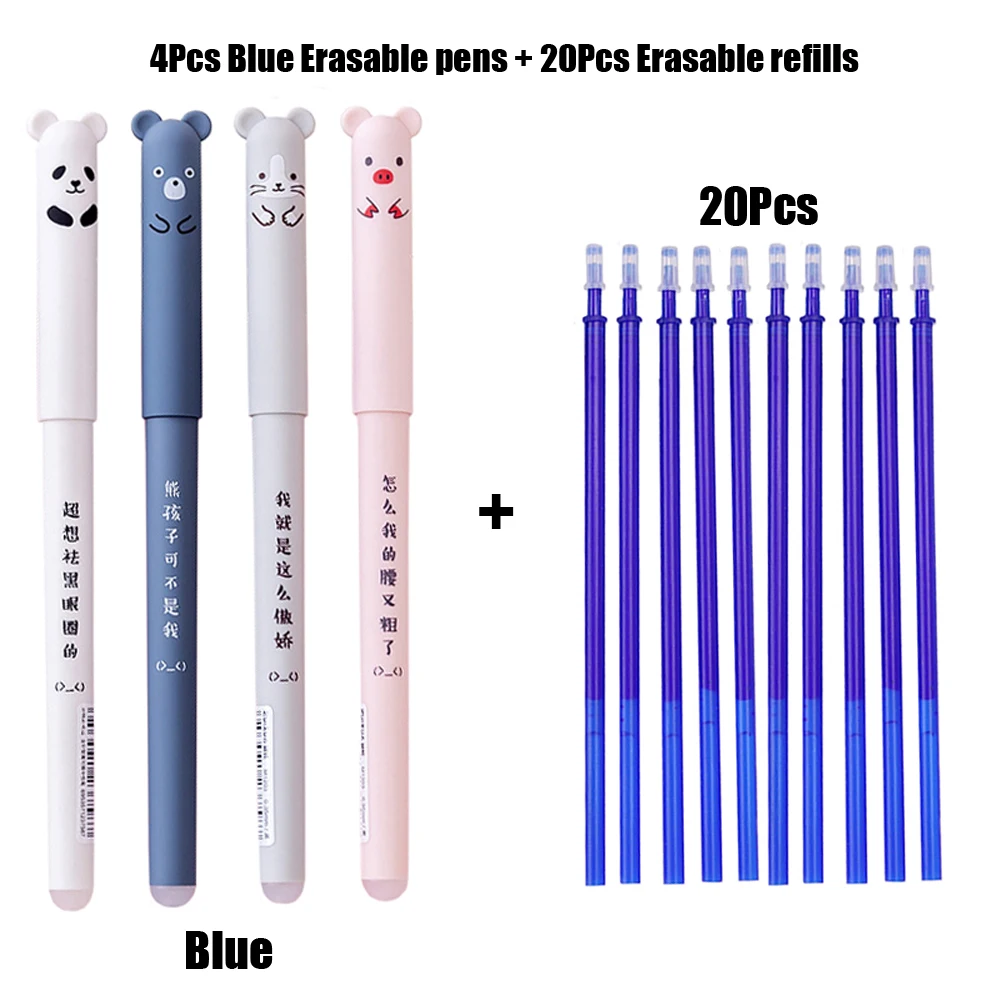 

4+20Pcs/Set Animals Panda Erasable Gel Pen 0.5mm Erasable Pen Refills Rods Washable Handle School Office Supplies Stationery