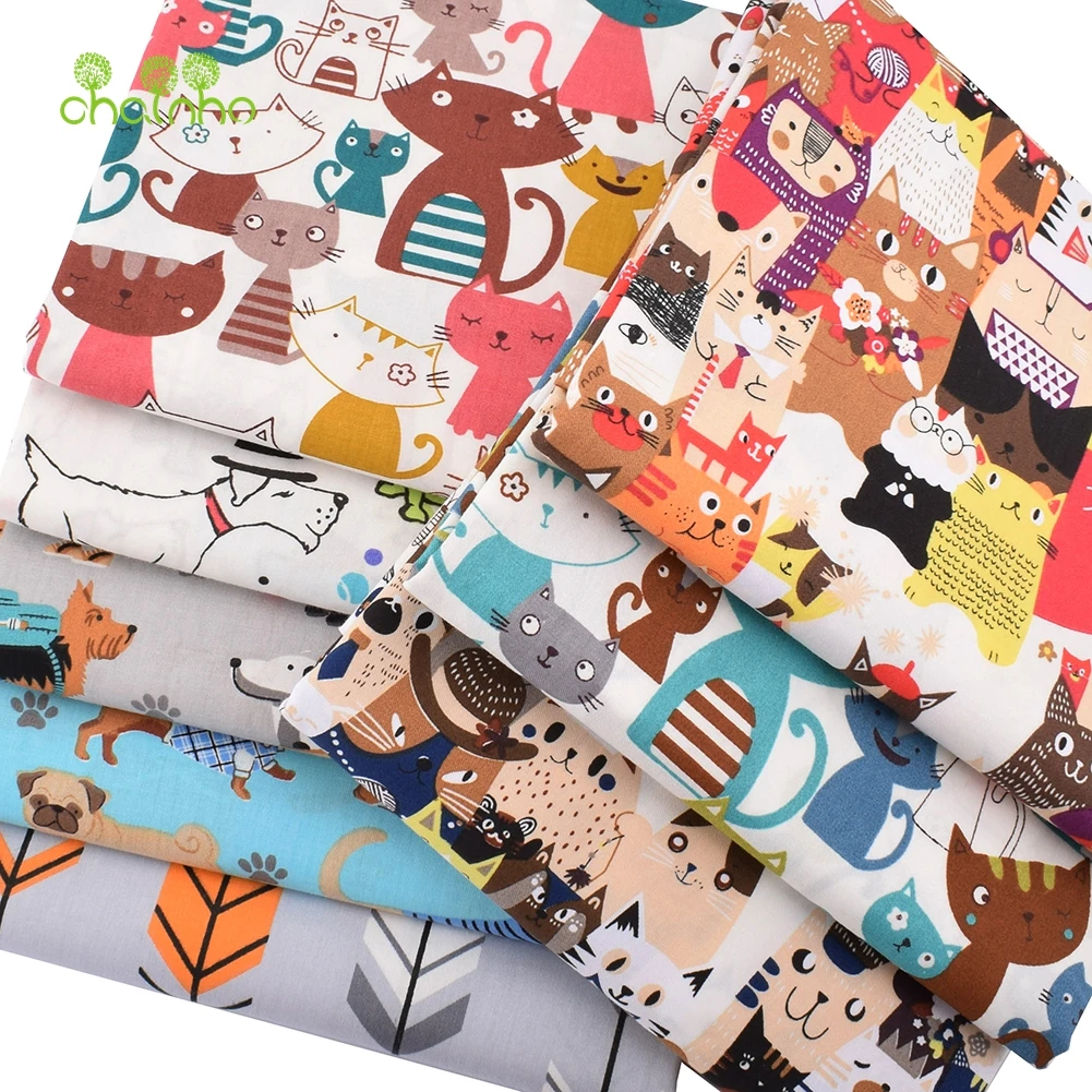 Chainho,Printed Twill Weave Cotton Fabric,Patchwork Cloth,DIY Sewing Quilting Material,Cats & Gogs Cartoon Series,2 Sizes,CC306