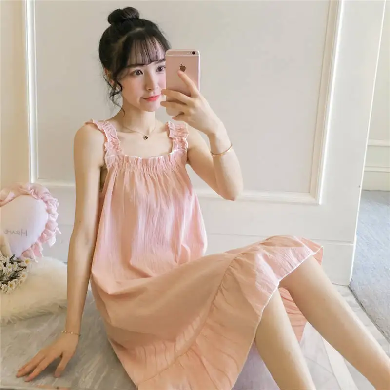 Nightgowns Women Ruffles Solid Loose Large Size 2XL Spaghetti Strap Candy Color Home Clothing Novelty Lovely Ladies Trendy Chic