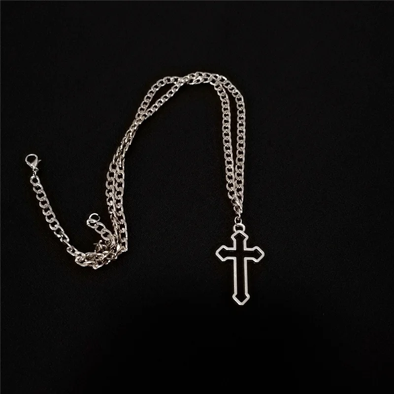 Vintage Gothic Hollow Cross Pendant Necklace Silver Color Cool Street Style Necklace For Men Women Gift Wholesale Neck Jewelry