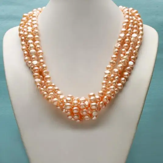 

Unique Baroque Pearl Necklace Four Strands 7-8mm Pink Nugget Freshwater Pearl Fine Jewelry Charming Women Gift