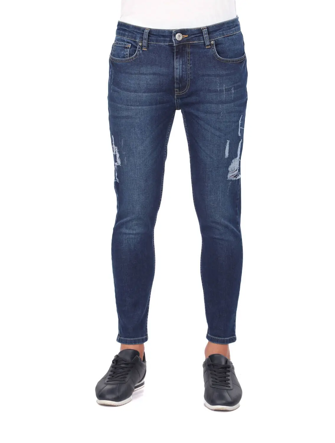 Male Navy Blue Ankle Length Ripped Skinny Fit Jean Pants