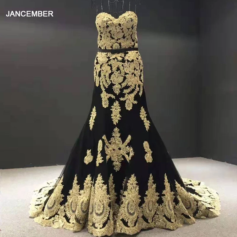 J66199 strapless black evening dress plus size appliques golden lace mermaid evening gown court train robe de soirée élégante