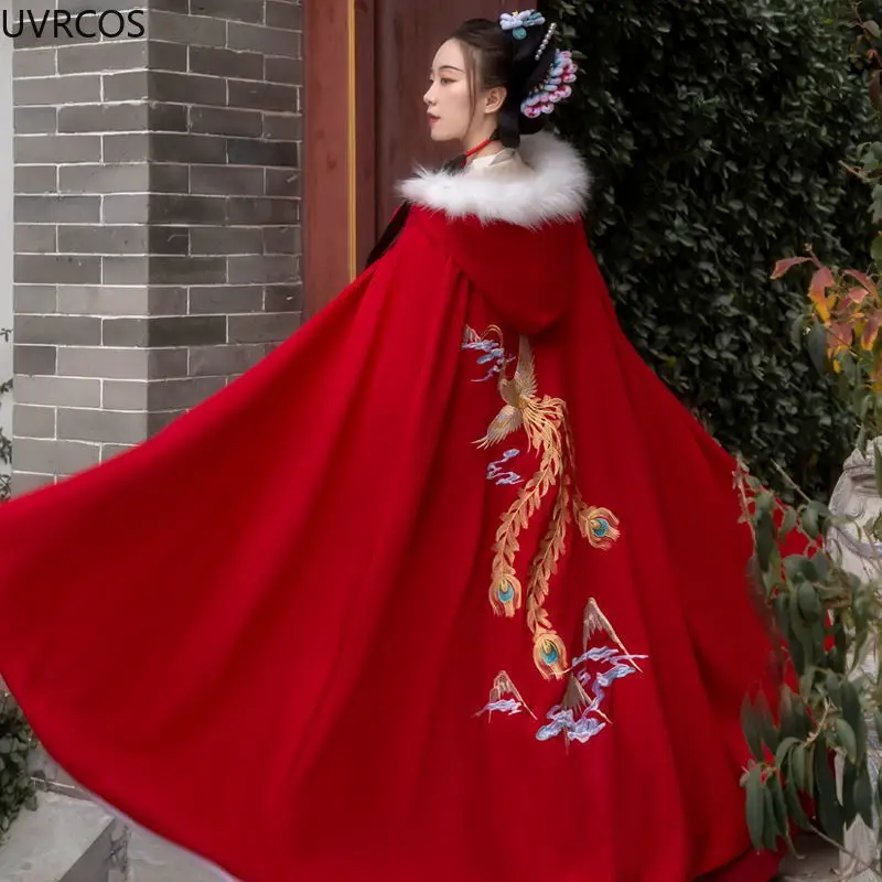 Oriental Ancient Black Hanfu Cloak Women Chinese Style Princess Costume Female Autumn Winter Warm Embroidery Hooded Cape Coat