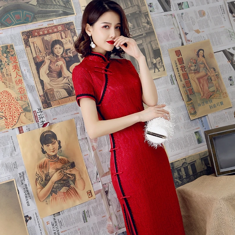 แบบดั้งเดิม Qipao จีน Cheongsam ชุดลูกไม้ฤดูใบไม้ร่วงทำด้วยมือ Elegant Vintage ผู้หญิงยาวเซ็กซี่สีแดงสีเขียวสีม่วง