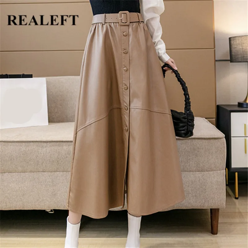 REALEFT 2021 New Winter PU Leather Women's Skirts With Belt Fashion High Waist Patchwork Solid Color Midi A-Line Skirts Female