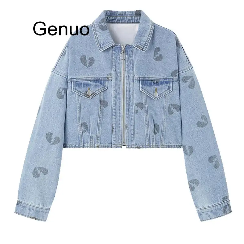 

Blue Crop Denim Jeans Heart Print Jacket Women Spring Autumn Single Breasted Casual Outwear Coat Jackets