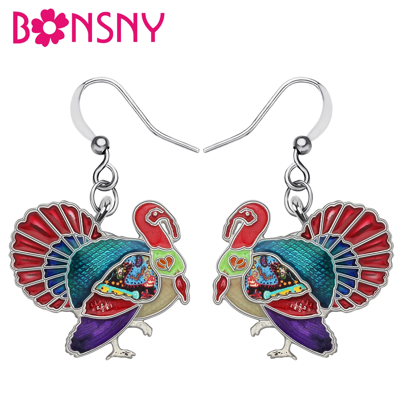 BONSNY Enamel Alloy Sweet Thanksgiving Chicken Hen Turkey Earrings Drop Dangle Fashion Jewelry For Women Girls Teens Party Gifts