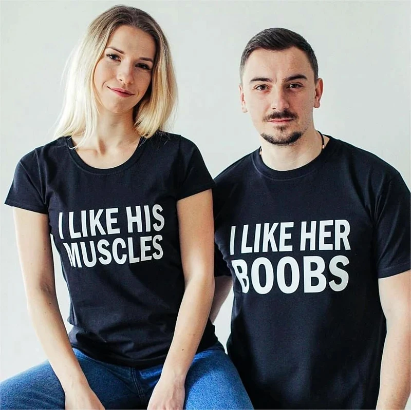 Lovers Clothes Honeymoon T Shirt Valentine Wedding Gift Matching Couple Tshirt I Like His MUSCLE I Like Her Boobs Couples Shirt