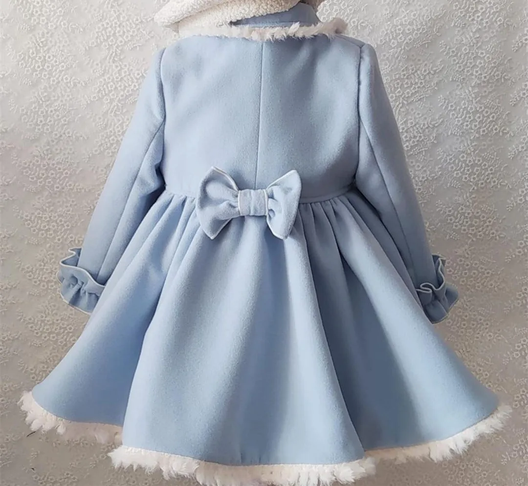 1-12Y Baby Girl Autumn Winter Handmand Customized Palace England Spanish Light Blue Princess Wool Coat for Casual