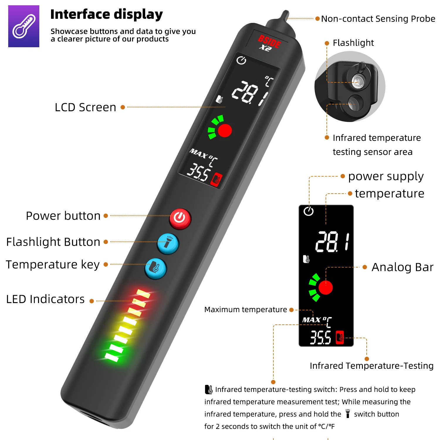 BSIDE-Atualizado Testador de Tensão com Termômetro Infravermelho, LCD 3-Probe Detector, Display Colorido, BBQ, EVA Case