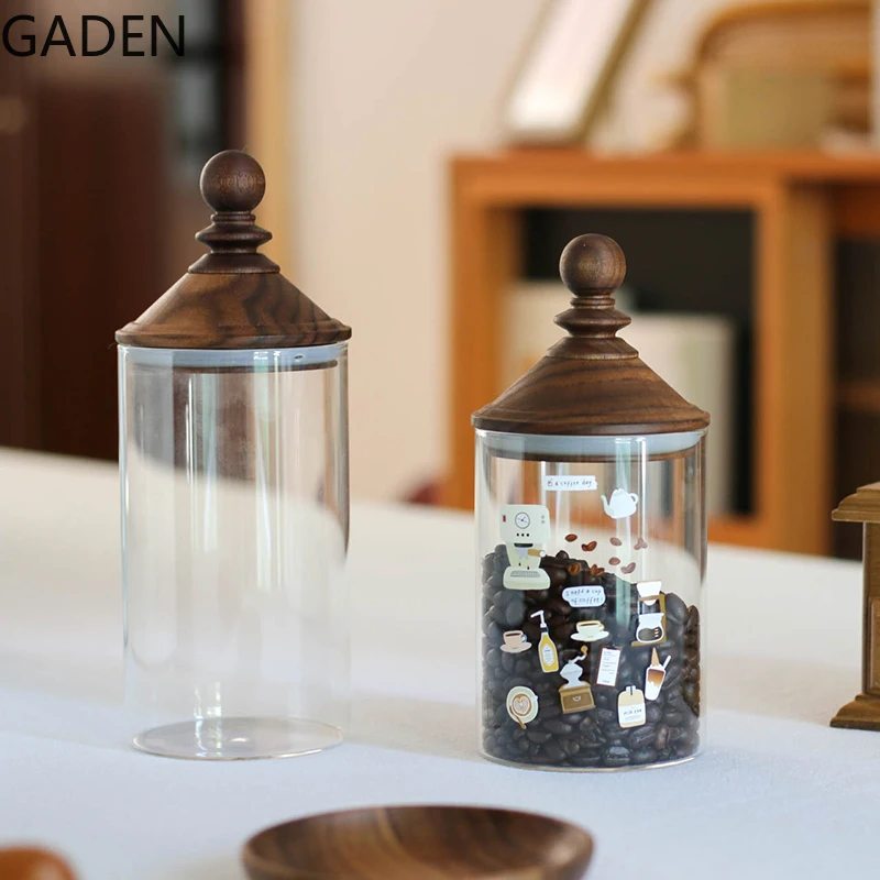 Japanese Coffee Bean Glass Storage Jar Wooden Lid Sealed Storage Jar Grain Dispenser Kitchen Supplies Home Decoration Modern