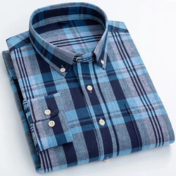 Men's Casual Plaid Striped Linen Cotton Shirts Single Patch Pocket Comfortable Breath Standard-fit Long Sleeve Button-down Shirt