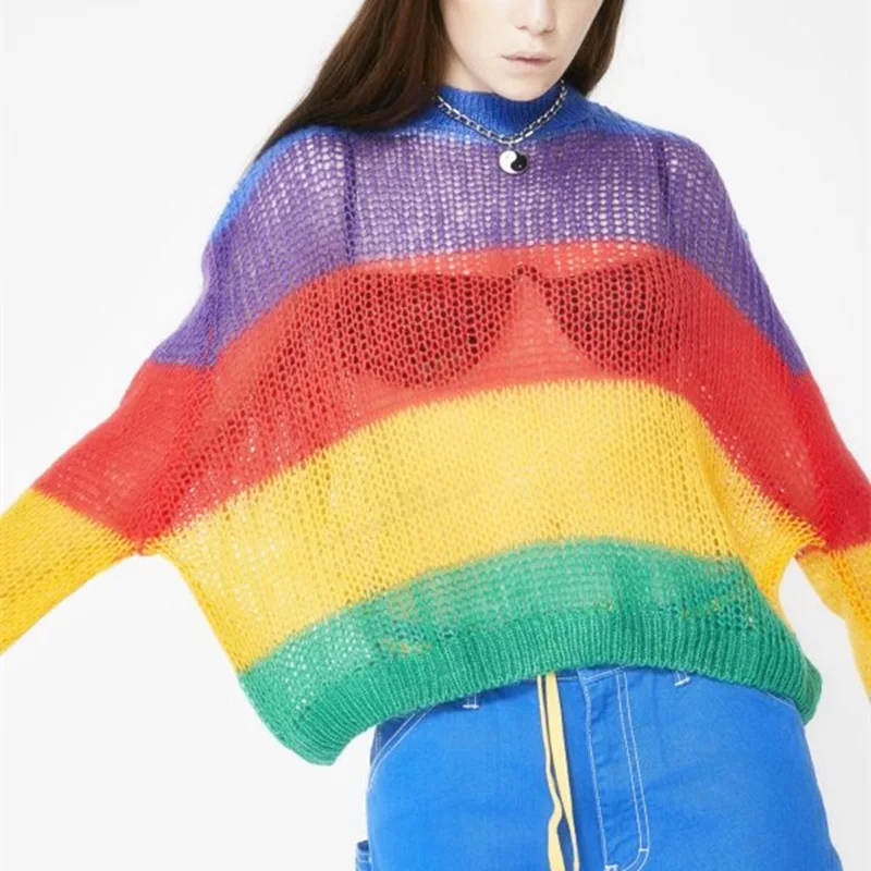 

2019 Fashion Woman Sweater Streetwear Pullovers Rainbow Striped Female Clothing Ladies Elegant Patchwork Sweaters Z8892s