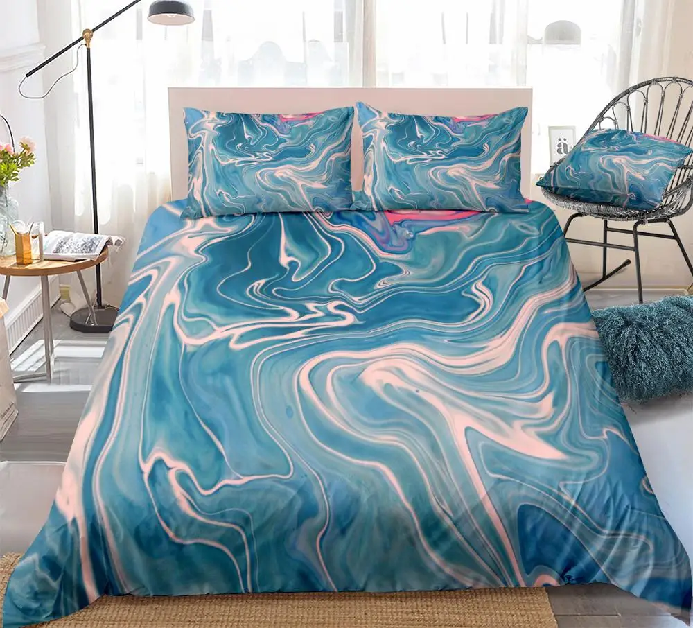 3 Pieces Marble Duvet Cover Set Light Blue Marble Abstract Art Design Kids Boys Girls Bedding Set Queen Luxury Bed Set Dropship