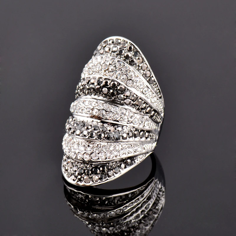 LEEKER Vintage Luxury Black White Crystal Rings Silver Color Women Big Cocktail Ring jewelry for women Accessories 180 LB7