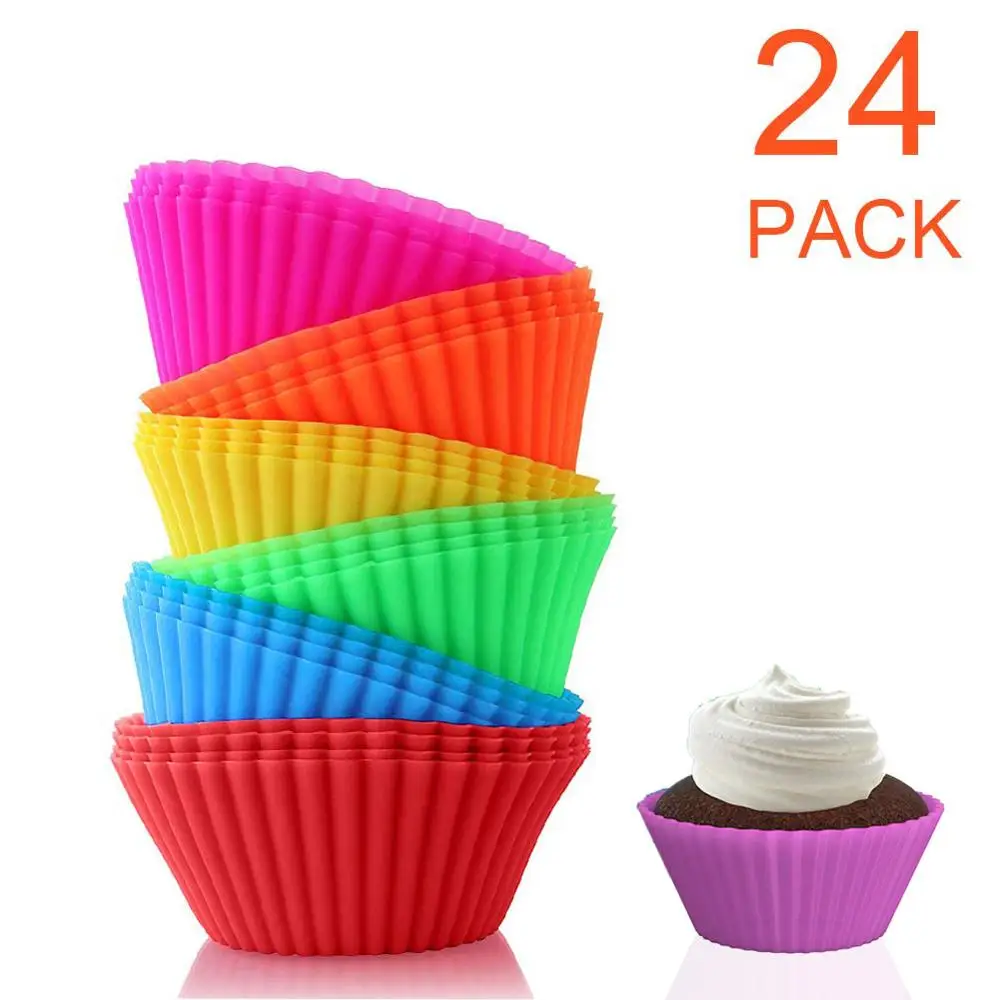 24 pack Silicone Molds Cupcake Baking Cups Reusable Muffin Cup Liners Rainbow Cupcake Wrappers Non-stick Cup Cake Mold for Party