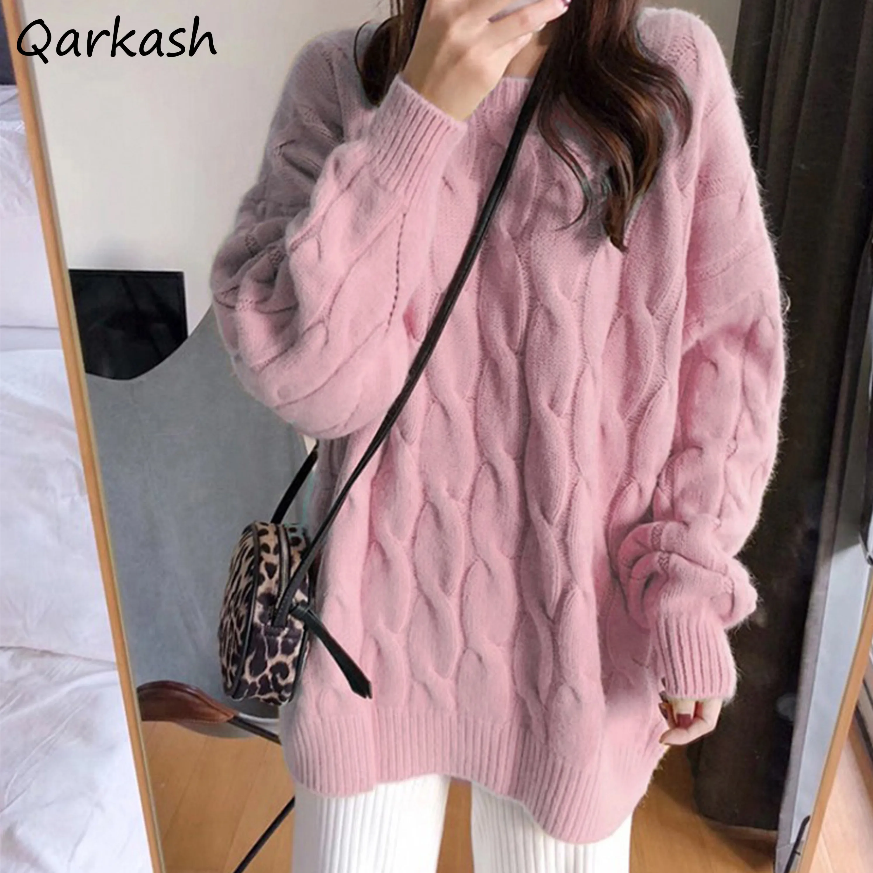 Pullovers Women Gentle Thicker Twist Knitted Sweaters Candy Colors Sweet All-match Basic O-neck Loose-fit Jumpers Woman Ulzzang