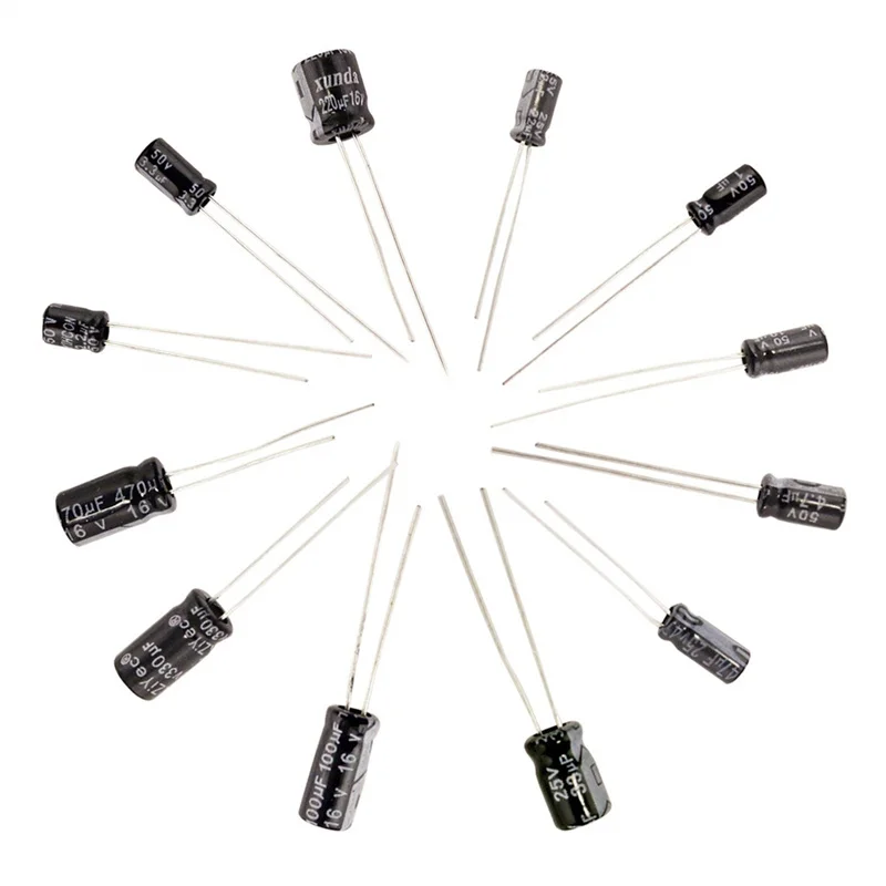 Kit 12 valori 0.22uF-470uF Set assortimento condensatore elettrolitico confezione 1UF 2.2UF 3.3UF 4.7UF 10UF 22UF 33UF 47UF 100UF 220UF