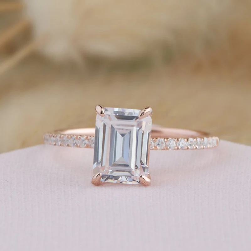 CxsJeremy Solid 14K 585 Rose Gold 2ct Emerald Cut 6x8mm Moissanite Engagement Ring Halo Wedding Band Anniversary Gift for Women