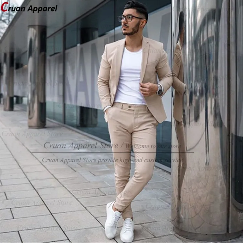 Custom Made Fashion Fuchsia Suit Men Set New Party Wedding Groom Suit Slim Fit Streetwear Casual Beige Classic Jacket Pants 2Pcs