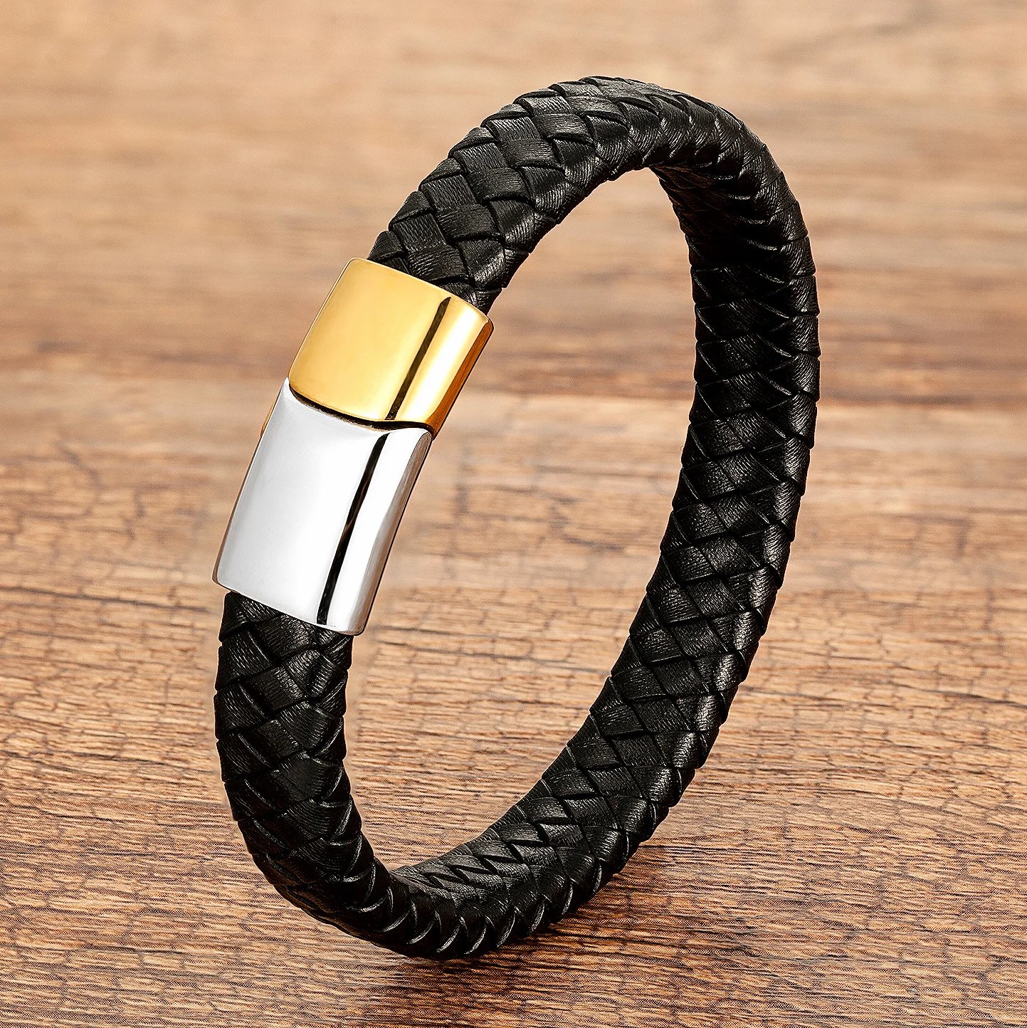 Modischer Herrenschmuck, braunes geflochtenes Lederarmband, Charm-Armband mit magnetischem Verschluss aus Edelstahl, Punk-Armband für Männer, Geschenk. – Detail 9