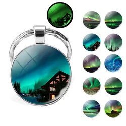 Northern Lights Keychain Luminous Keyring Glow In The Dark Glass Metal Key Chain Night Sky Art Keychain Astronomy Lover Gift