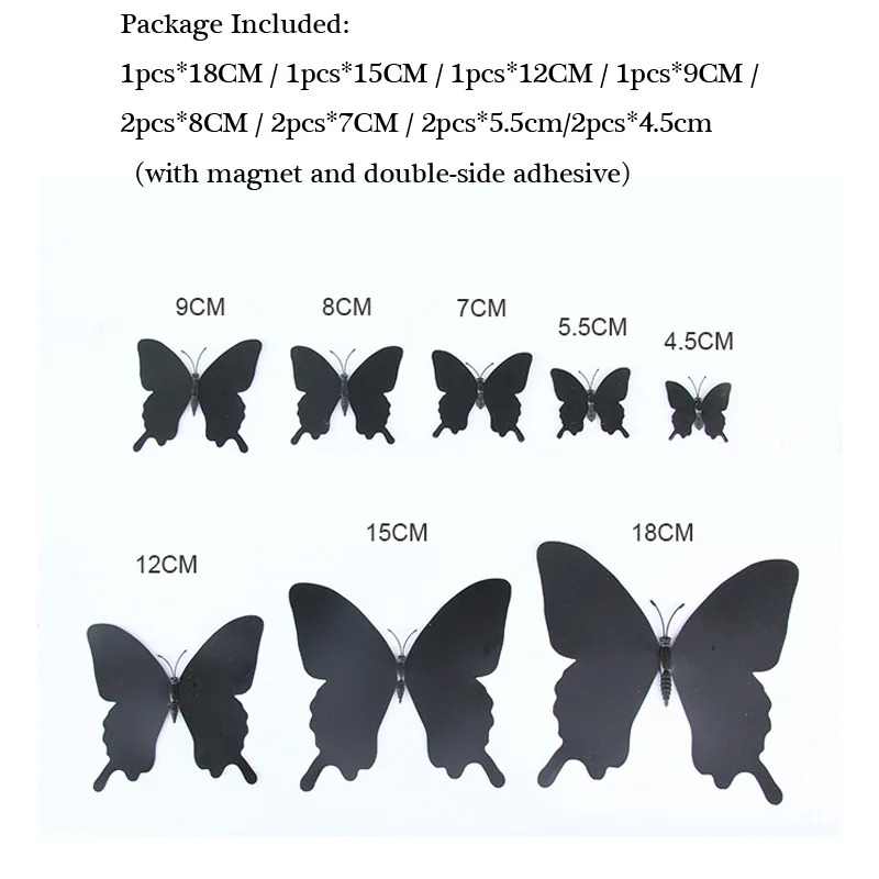 12Pcs/Set 3D Black Pteris Butterfly Wall Sticker Living Room Home Butterflies Decorations Magnet Stickers Wedding Decor Decals