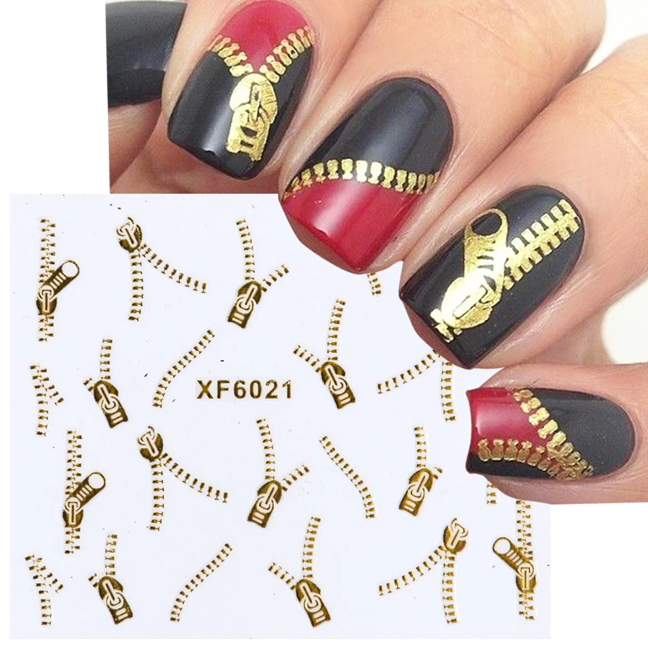 Altın fermuar Nail Art etiketler seksi ağır Metal tasarım gümüş zincir gotik mektup çıkartmaları cadılar bayramı manikür aksesuarları LEXF6021