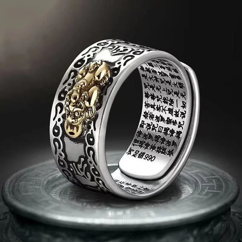 Vintage Men's Ring Heart Sutra Opening Thai Silver Personality Fashion Brave Troops Ring Lucky Men Jewelry