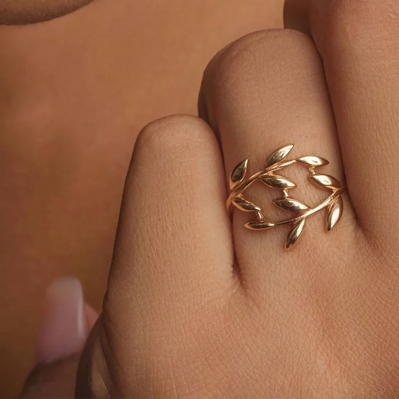 Olive Tree Branch Leaves Rings For Women Open Adjustable Gold Color Ring Plant Female Knuckle Couple Wedding Band Jewelry anillo