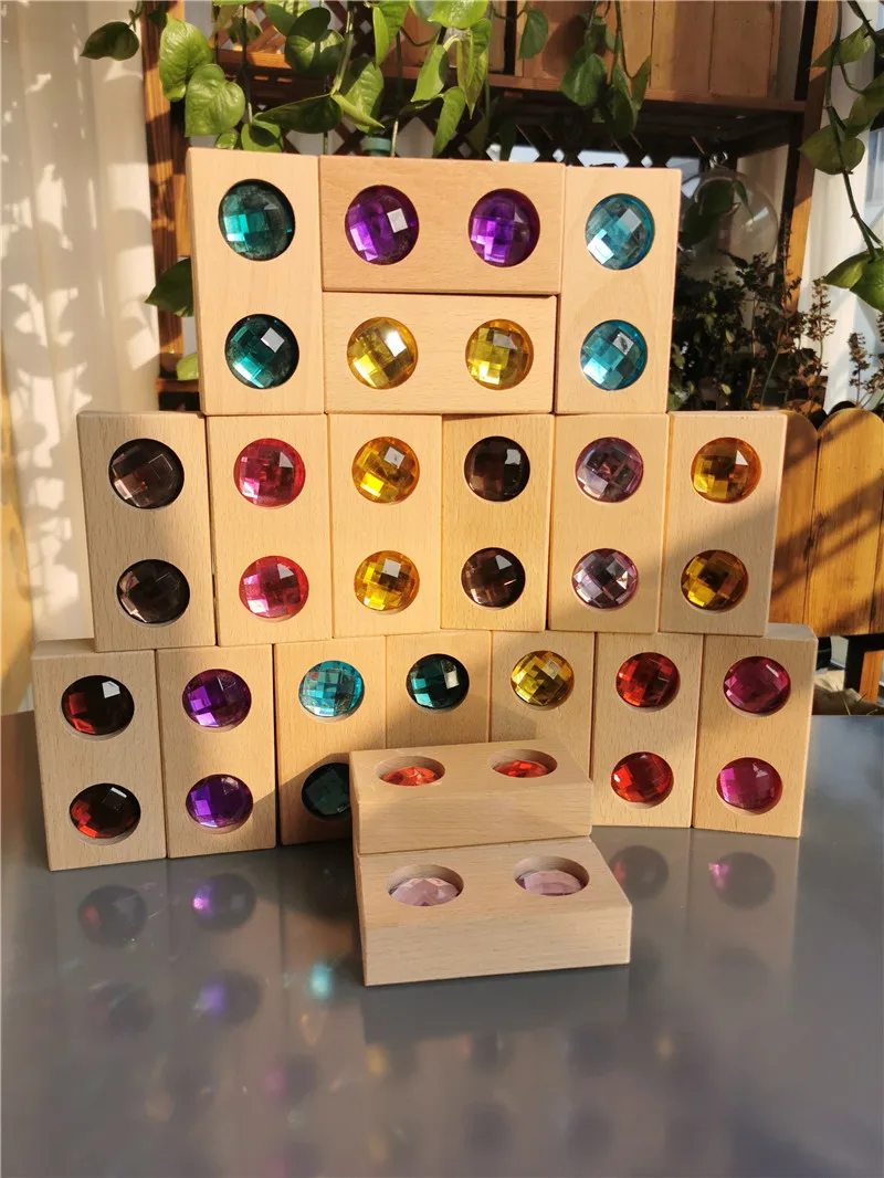 Kids Large Building Stacking Street Blocks Wooden Toys Double Sparkling Gemstones Crystal Gems