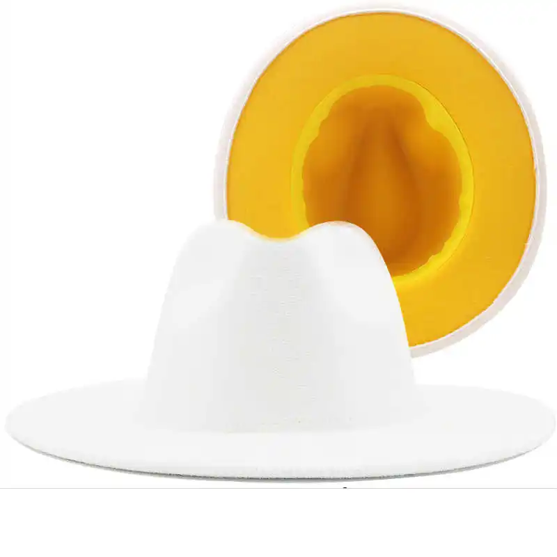 Outer white New Inner yellow Wool Felt Jazz Fedora Hats with Thin Belt Buckle Men Women Wide Brim Panama Trilby Cap 56-58CM