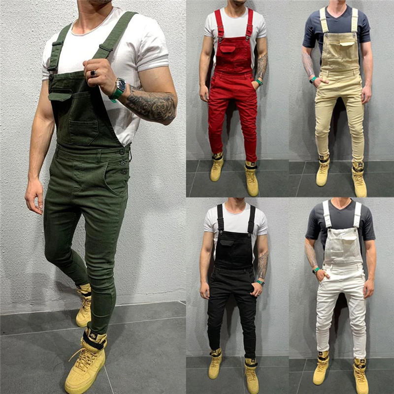 Men Bib Pants Denim Jeans Suspenders Overalls Jumpsuit Straight Skinny Slim Fit Solid Jumpsuits Trousers