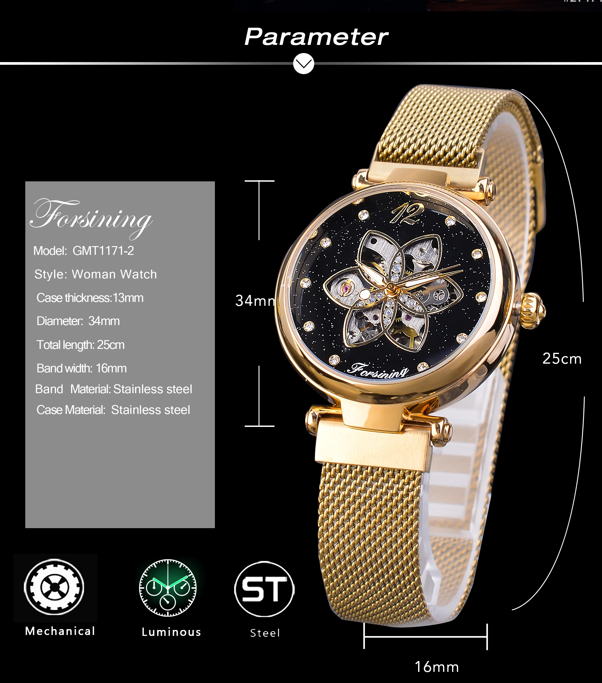 Forsining New Arrival Mehanical Womens Watch Top Brand Luxury Diamond Gold Mesh Waterproof Female Clock Fashion Ladies Watches