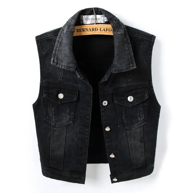 

Idopy Women Black Denim Vest Sleeveless Jacket Distressed Cute Casual Slim Fit Jean Gilet Waistcoat For Female Plus Size M-5XL