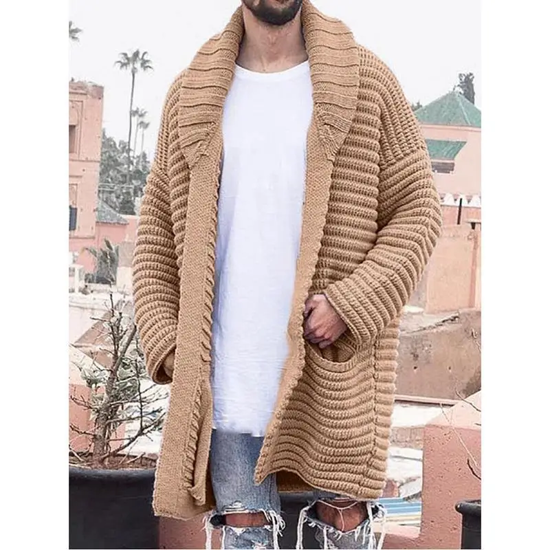 Autumn Winter Men's Cardigan Knitted Medium Length Long Sleeve Lapel Pocket Solid Thicken Warm Sweater Casual Coat