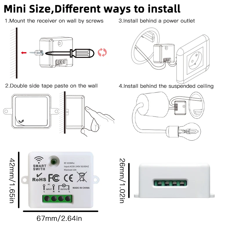 Universal controle remoto 433mhz rf mini relé receptor ac 220v 10a luz controlador de ligar/desligar keyfob para a melhoria da casa lâmpada led