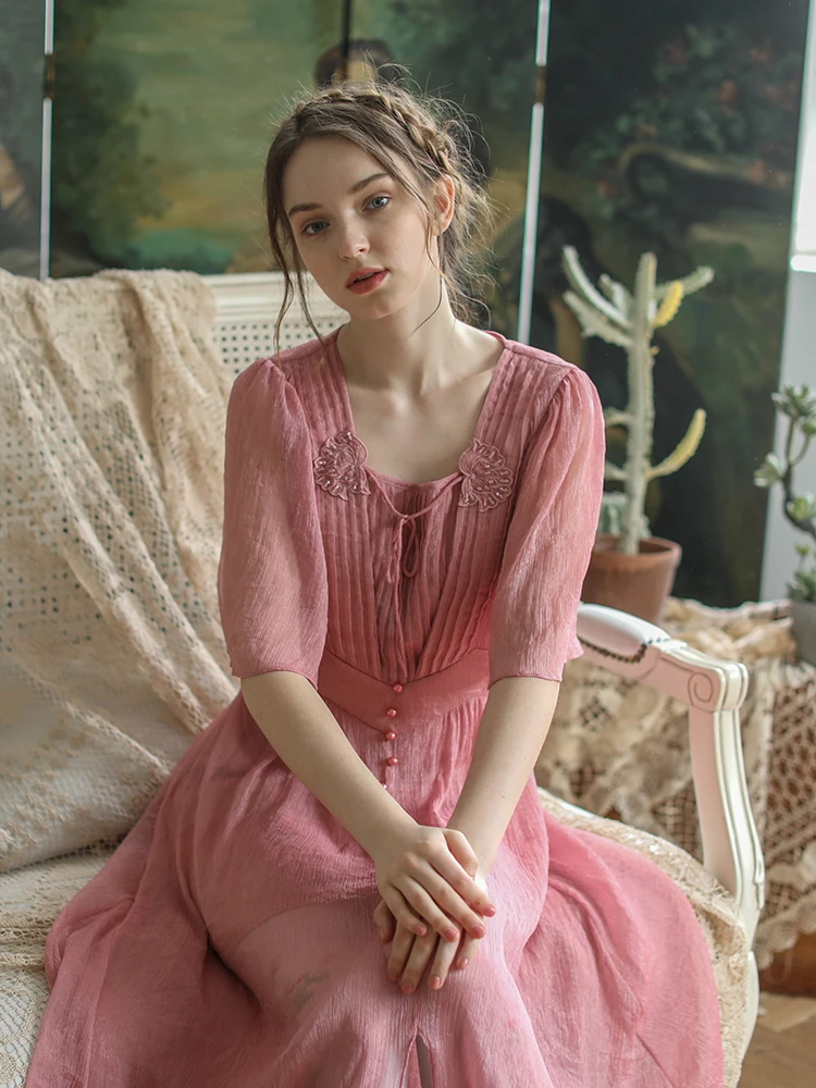 LYNETTE'S CHINOISERIE Summer New Arrivals Original Design Women Vintage Mori Girls Beading Pleated Pink Slim Dresses