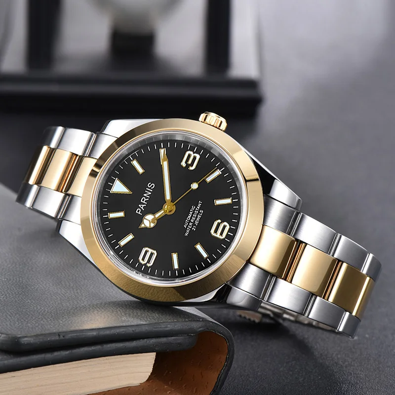 Fashion Parnis 40mm Gold Bezel Mechanical Automatic Men Watch Miyota 8215 Sapphire Stainless Steel Luxury Watches reloj hombre