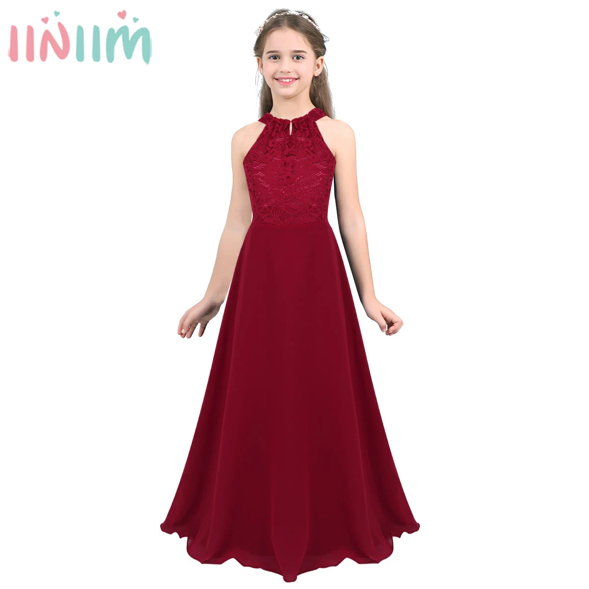 Kids Girls Chiffon Dress Floral Lace Cutout Back Flower Girl Dress Princess Elegant Wedding Bridesmaid Birthday Party Dress