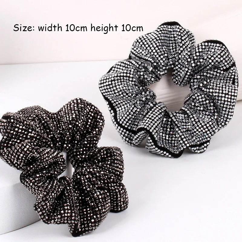 Fashion Rhinestone  Women Silk Scrunchie Elastic Handmade Hair Black Band Ponytail Holder Headband Hair Accessories