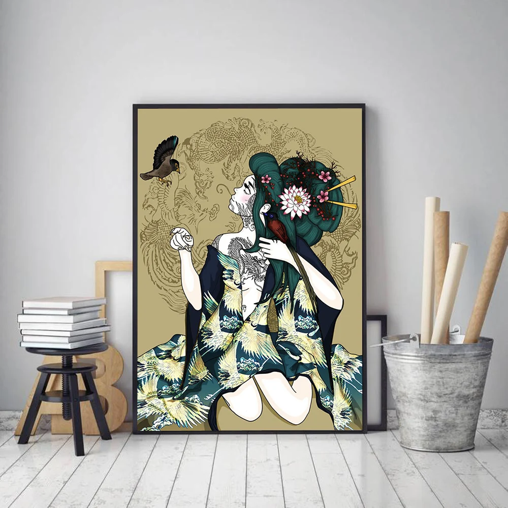 Japanese Retro Posters and Prints Anime Geisha Tell Me A Secre Canvas Painting Vintage Wall Pictures for Living Room Home Decor