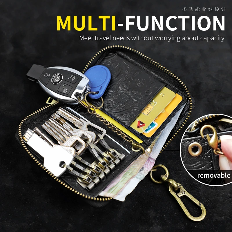 RFID Blocking Handmade Genuine Leather Key Wallet 6 Keychains Housekeeper Car Key Holder Card Slot Mini Coin Purse With Zipper